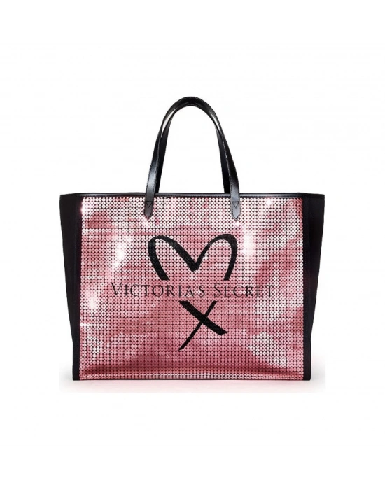Victorias Secret Vs Payet İşlemeli Pembe Pullu Kalp Logolu Kanvas Çanta Pembe - Siyah