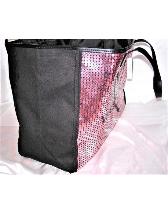 Victorias Secret Vs Payet İşlemeli Pembe Pullu Kalp Logolu Kanvas Çanta Pembe - Siyah