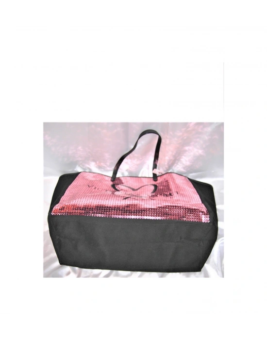 Victorias Secret Vs Payet İşlemeli Pembe Pullu Kalp Logolu Kanvas Çanta Pembe - Siyah