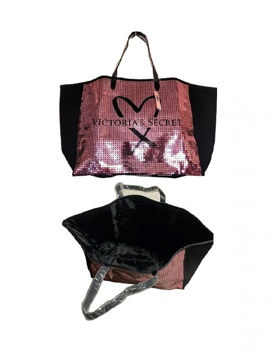Victorias Secret Vs Payet İşlemeli Pembe Pullu Kalp Logolu Kanvas Çanta Pembe - Siyah