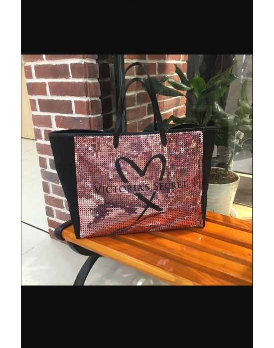 Victorias Secret Vs Payet İşlemeli Pembe Pullu Kalp Logolu Kanvas Çanta Pembe - Siyah