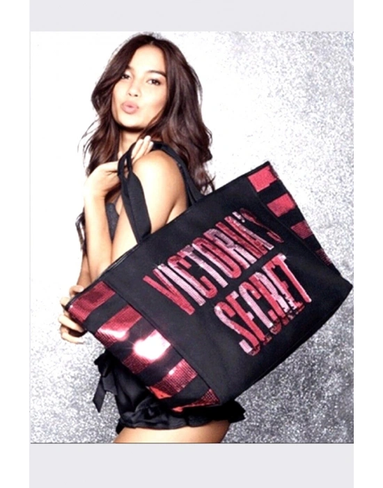 Victorias Secret Vs Pembe Pullu Payet İşlemeli Kadın Büyük Boy Çıt Çıt Kapamalı Plaj Çantası Pembe - Siyah