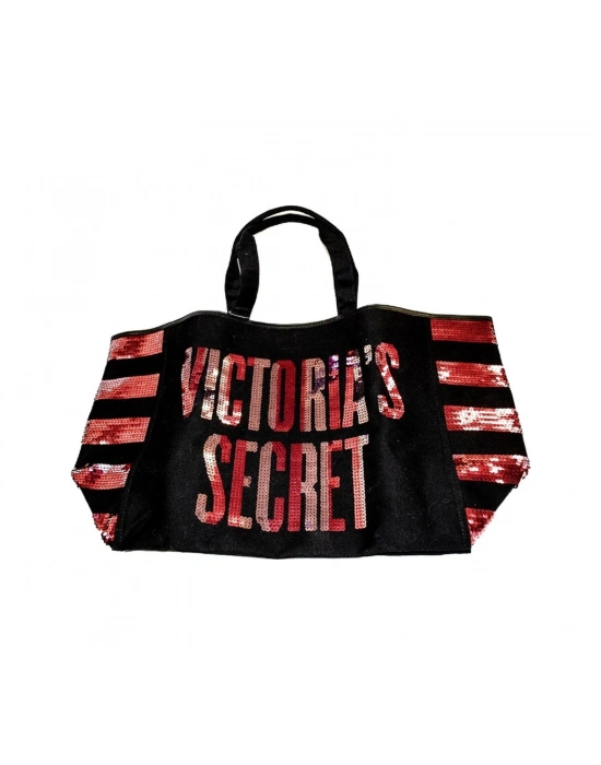 Victorias Secret Vs Pembe Pullu Payet İşlemeli Kadın Büyük Boy Çıt Çıt Kapamalı Plaj Çantası Pembe - Siyah
