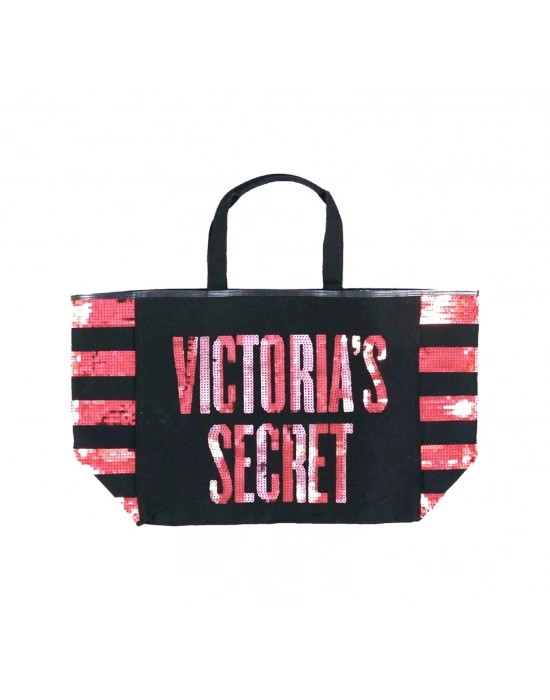 Victorias Secret Vs Pembe Pullu Payet İşlemeli Kadın Büyük Boy Çıt Çıt Kapamalı Plaj Çantası Pembe - Siyah