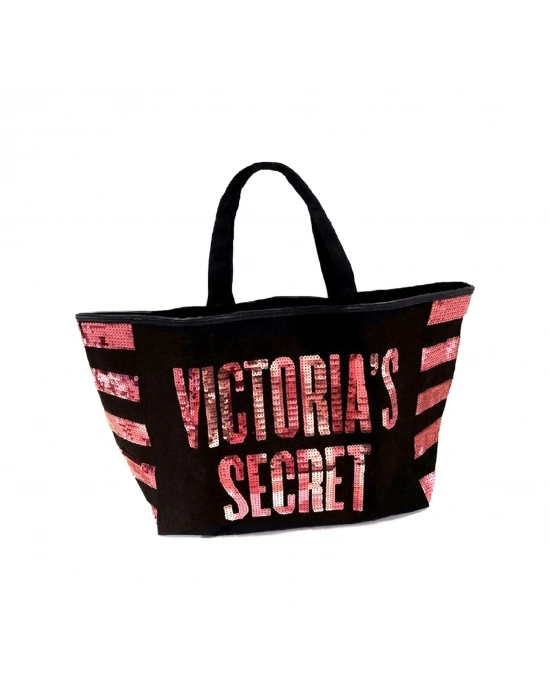 Victorias Secret Vs Pembe Pullu Payet İşlemeli Kadın Büyük Boy Çıt Çıt Kapamalı Plaj Çantası Pembe - Siyah