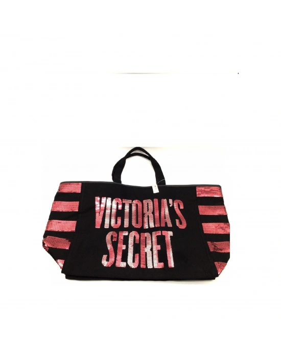 Victorias Secret Vs Pembe Pullu Payet İşlemeli Kadın Büyük Boy Çıt Çıt Kapamalı Plaj Çantası Pembe - Siyah