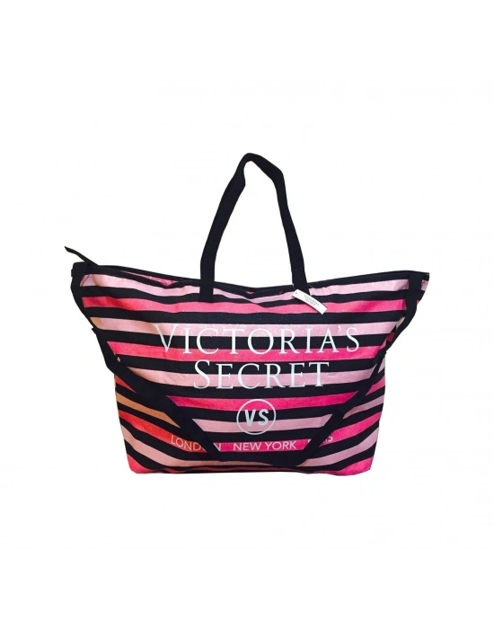 Victorias Secret Vs Simli Siyah Pembe Çizgili Askılı Duffle Carryall Tote Siyah
