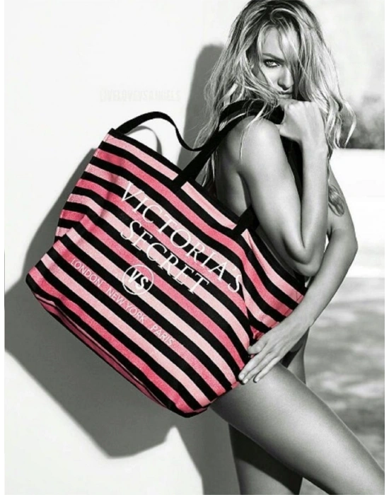 Victorias Secret Vs Simli Siyah Pembe Çizgili Askılı Duffle Carryall Tote Siyah