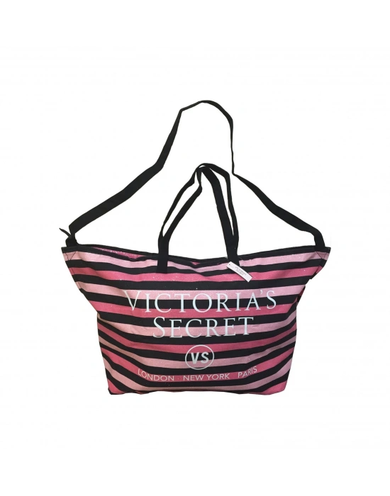 Victorias Secret Vs Simli Siyah Pembe Çizgili Askılı Duffle Carryall Tote Siyah