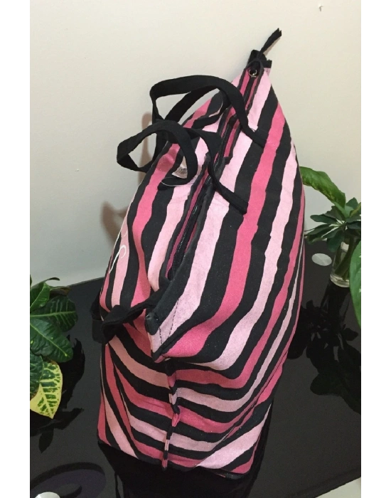 Victorias Secret Vs Simli Siyah Pembe Çizgili Askılı Duffle Carryall Tote Siyah