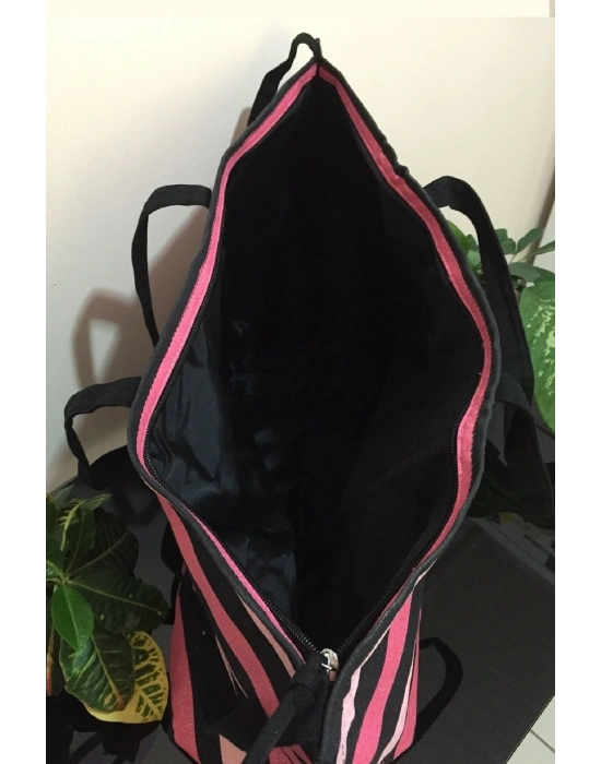 Victorias Secret Vs Simli Siyah Pembe Çizgili Askılı Duffle Carryall Tote Siyah