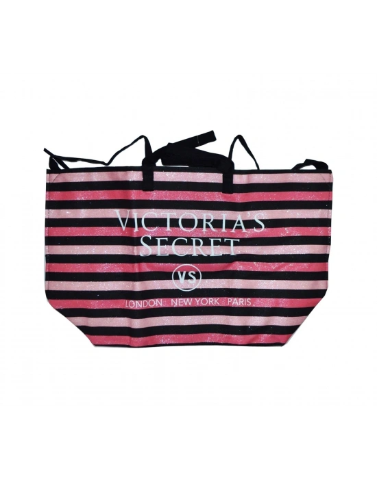 Victorias Secret Vs Simli Siyah Pembe Çizgili Askılı Duffle Carryall Tote Siyah