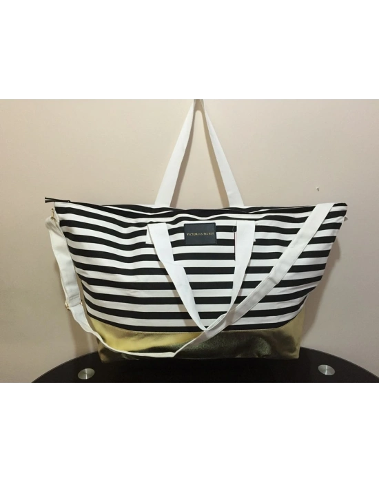 Victorias Secret Vs Siyah Beyaz Çizgili Gold Taban Askılı Duffle Carryall Tote Siyah
