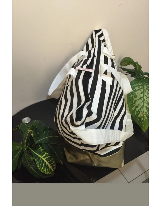 Victorias Secret Vs Siyah Beyaz Çizgili Gold Taban Askılı Duffle Carryall Tote Siyah