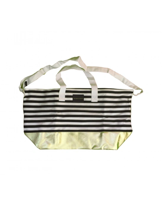 Victorias Secret Vs Siyah Beyaz Çizgili Gold Taban Askılı Duffle Carryall Tote Siyah