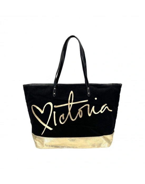 Victorias Secret Vs Siyah Gold Kanvas Tote Seyahat Çantası Siyah