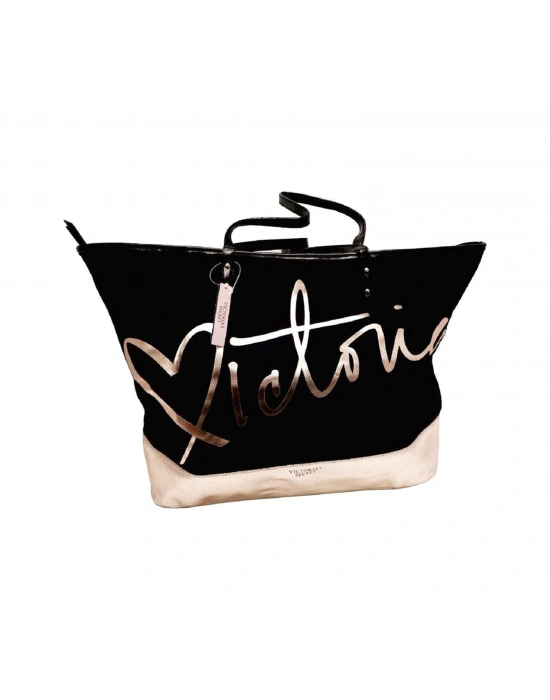 Victorias Secret Vs Siyah Gold Kanvas Tote Seyahat Çantası Siyah
