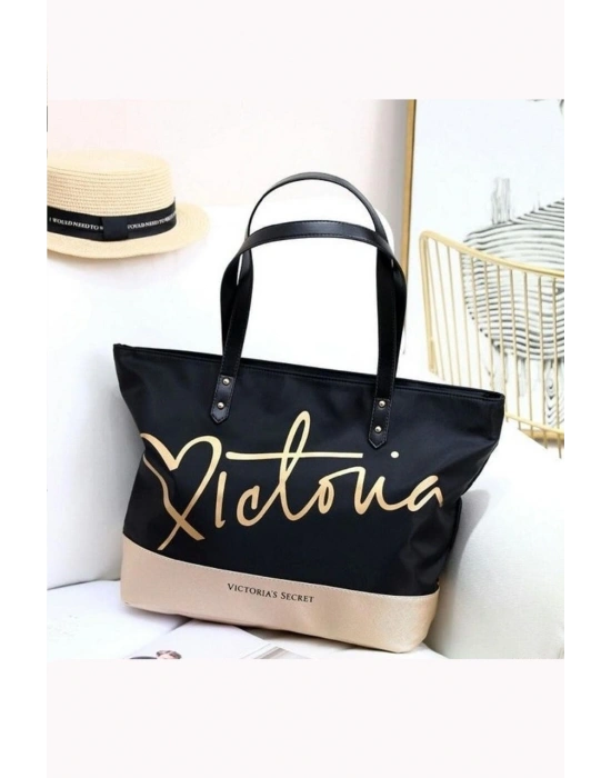Victorias Secret Vs Siyah Gold Kanvas Tote Seyahat Çantası Siyah