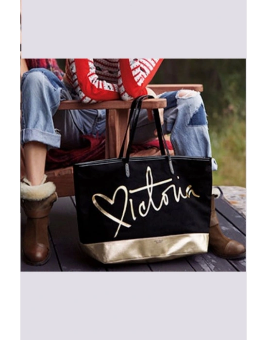 Victorias Secret Vs Siyah Gold Kanvas Tote Seyahat Çantası Siyah