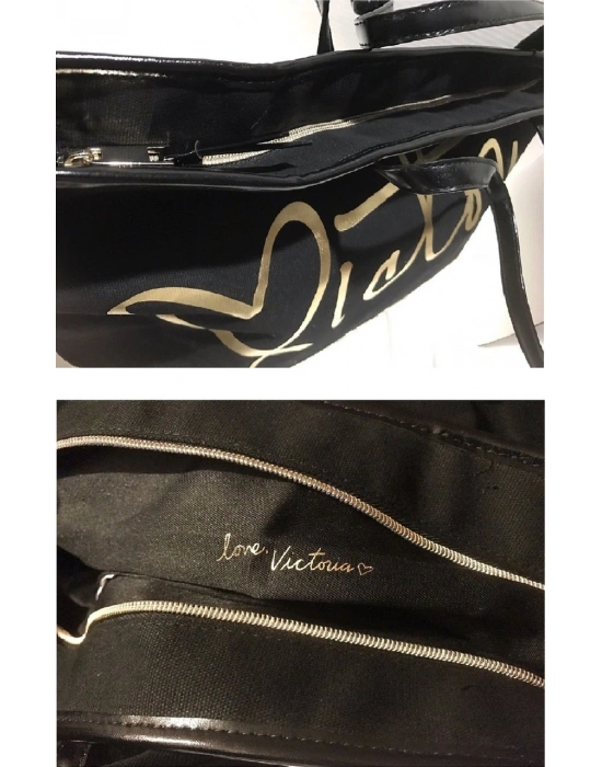 Victorias Secret Vs Siyah Gold Kanvas Tote Seyahat Çantası Siyah