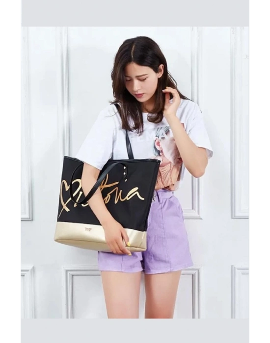 Victorias Secret Vs Siyah Gold Kanvas Tote Seyahat Çantası Siyah