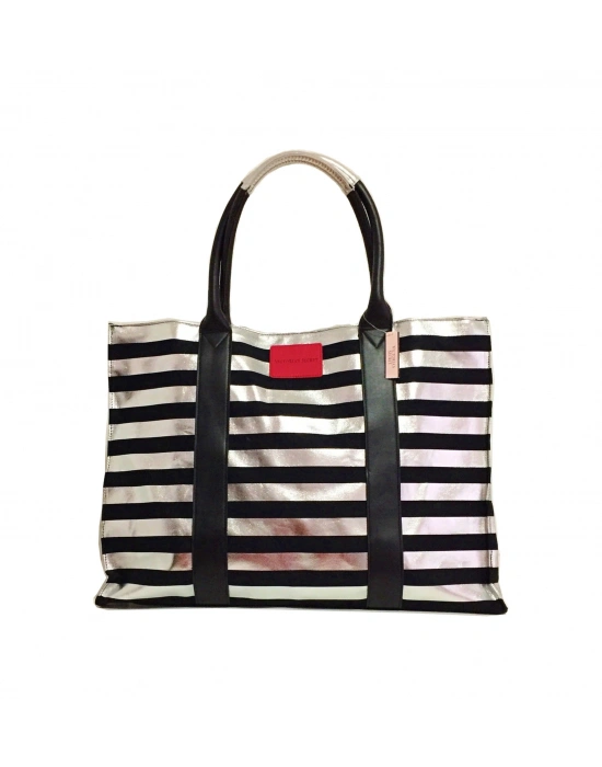 Victorias Secret Vs Siyah & Gümüş Çizgili Desen Kanvas Tote Seyahat Çantası Gümüş - Siyah