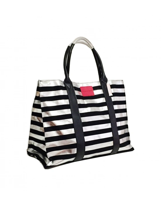 Victorias Secret Vs Siyah & Gümüş Çizgili Desen Kanvas Tote Seyahat Çantası Gümüş - Siyah