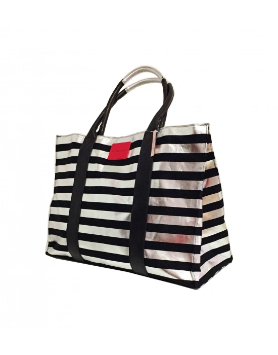 Victorias Secret Vs Siyah & Gümüş Çizgili Desen Kanvas Tote Seyahat Çantası Gümüş - Siyah