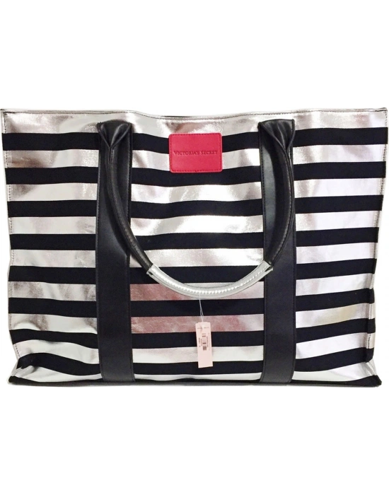 Victorias Secret Vs Siyah & Gümüş Çizgili Desen Kanvas Tote Seyahat Çantası Gümüş - Siyah