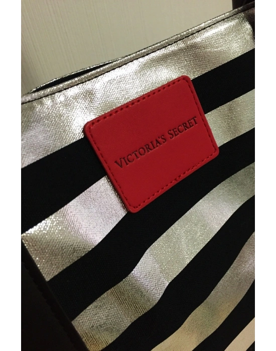 Victorias Secret Vs Siyah & Gümüş Çizgili Desen Kanvas Tote Seyahat Çantası Gümüş - Siyah