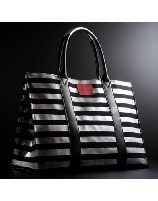 Victorias Secret Vs Siyah & Gümüş Çizgili Desen Kanvas Tote Seyahat Çantası Gümüş - Siyah