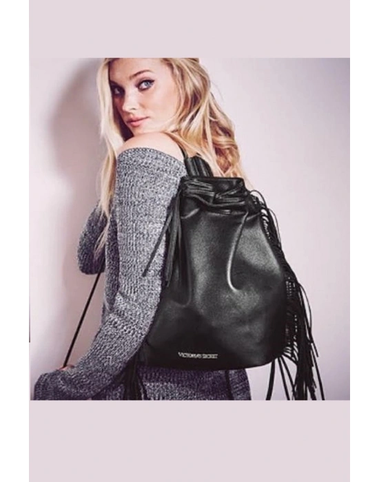 Vs Fashion Show Büzgü Kapamalı Saçaklı Siyah Sırt Çantası Siyah