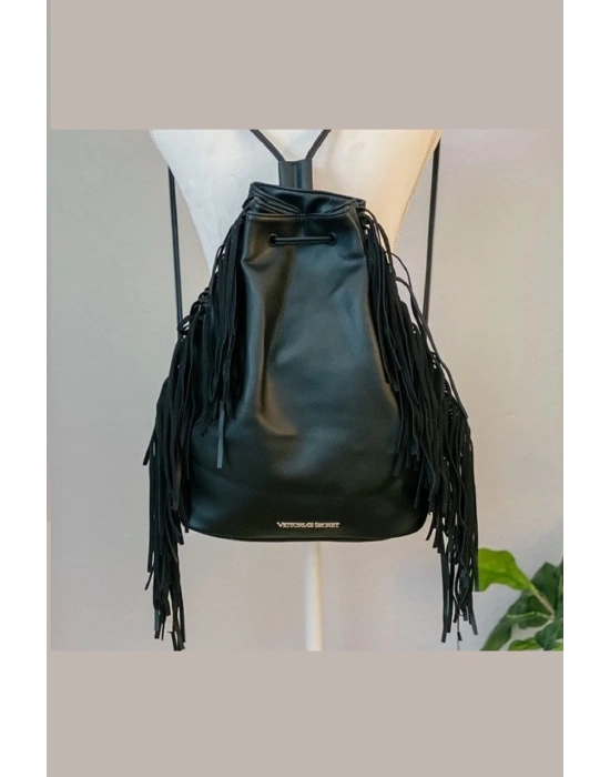 Vs Fashion Show Büzgü Kapamalı Saçaklı Siyah Sırt Çantası Siyah