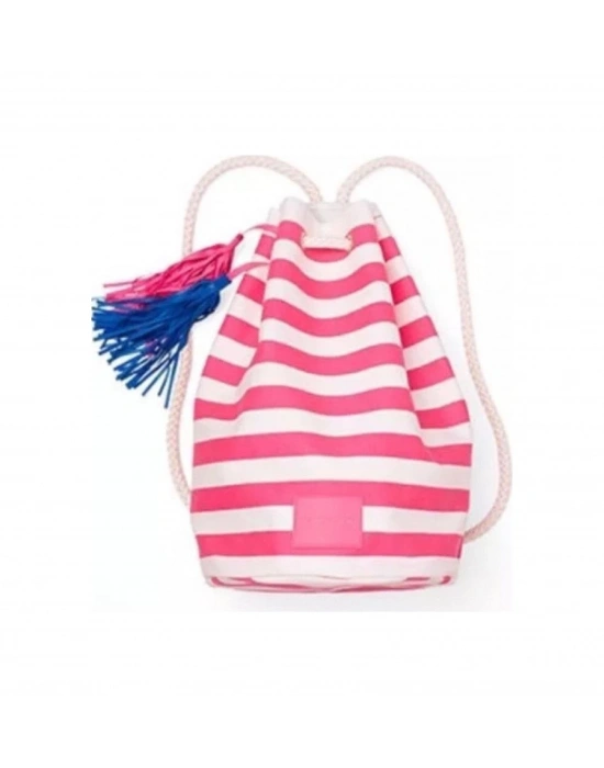 Vs Pembe Beyaz Çizgili Büzgü Kapatmalı Püsküllü Sırt Çantası Pembe