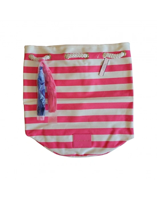 Vs Pembe Beyaz Çizgili Büzgü Kapatmalı Püsküllü Sırt Çantası Pembe