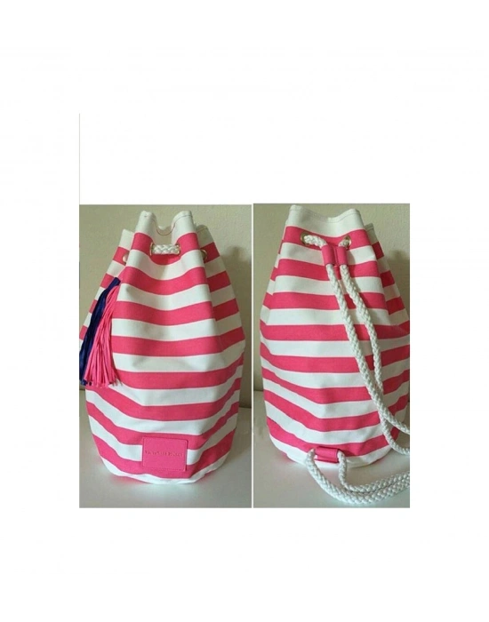 Vs Pembe Beyaz Çizgili Büzgü Kapatmalı Püsküllü Sırt Çantası Pembe