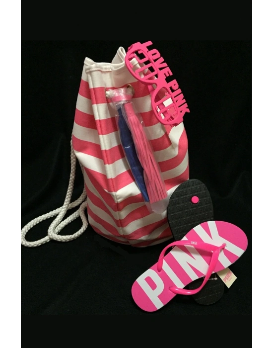 Vs Pembe Beyaz Çizgili Büzgü Kapatmalı Püsküllü Sırt Çantası Pembe