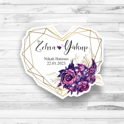 Mor Çiçekli Kalp Ahşap Magnet