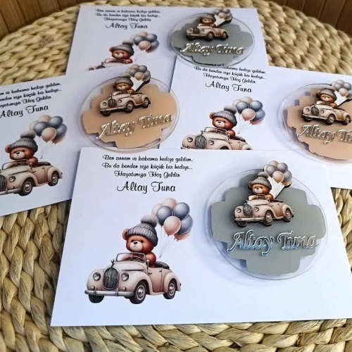 Arabalı Ayıcık Temalı Boyamalı Magnet Kartlı