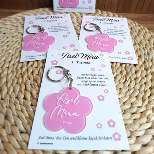 Baskıcı Amca Pembe Papatyalı Kartlı Boyamalı Anahtarlık