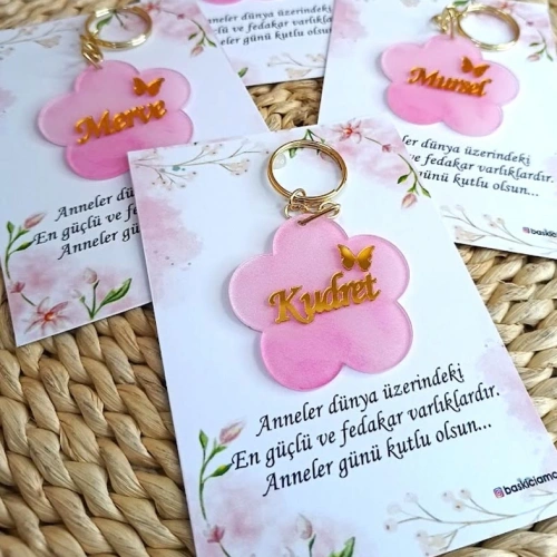 Pembe  Çiçek  Kartlı Boyamalı Anahtarlık