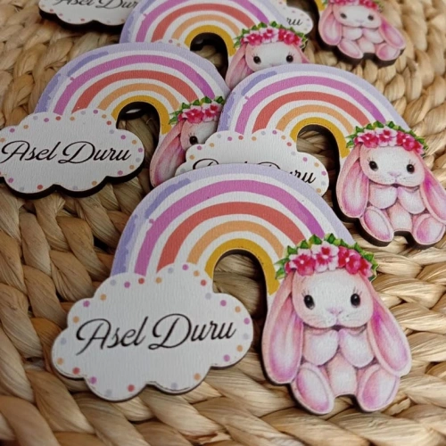 Baskıcı Amca Renkli Gökkuşağı Tavşan Ahşap Magnet