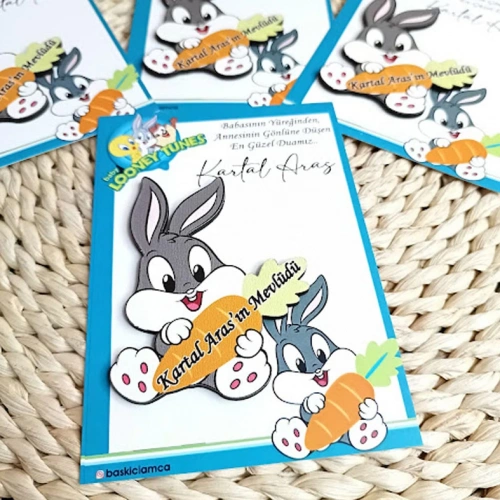 Baskıcı Amca  Sevimli Tavşan Ahşap Kartlı Magnet