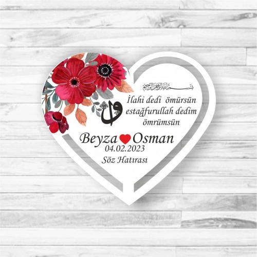 Kırmızı Çiçekli Kalp Ahşap Magnet