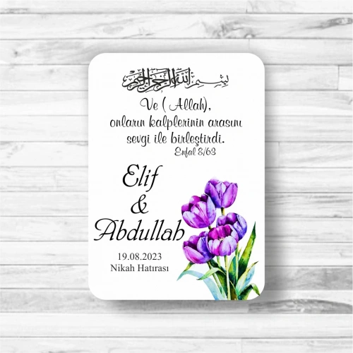 Mor Lale Temalı Ahşap Magnet