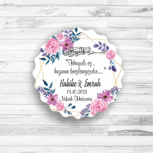 Pembe Mavi  Çiçekli Kalp Ahşap Magnet