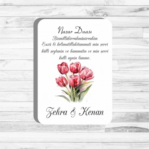 Lale Temalı Dualı Ahşap Magnet