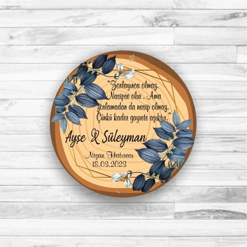 Mavi Yaprak Desenli Ahşap Magnet