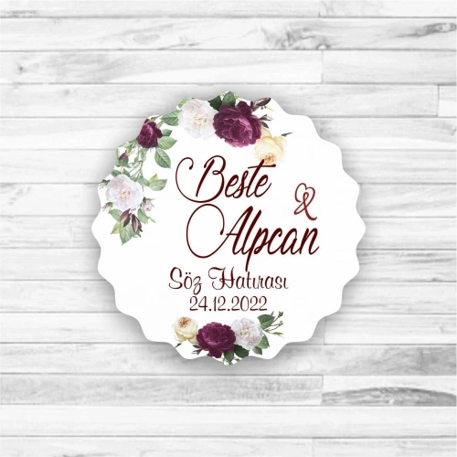 Bordo Çiçek Temalı Ahşap Magnet