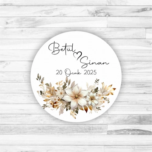 Renkli Yapraklı Beyaz Çiçekli Ahşap Magnet